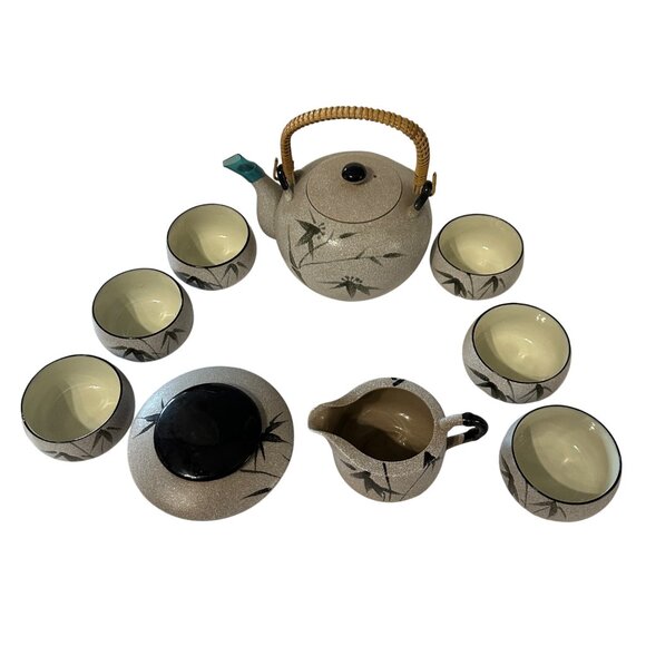 VTG Shimo Sasa by PCDG Japan Oriental Style Tea Set Sugar Creamer Teapot 6 Cups - Picture 4 of 7